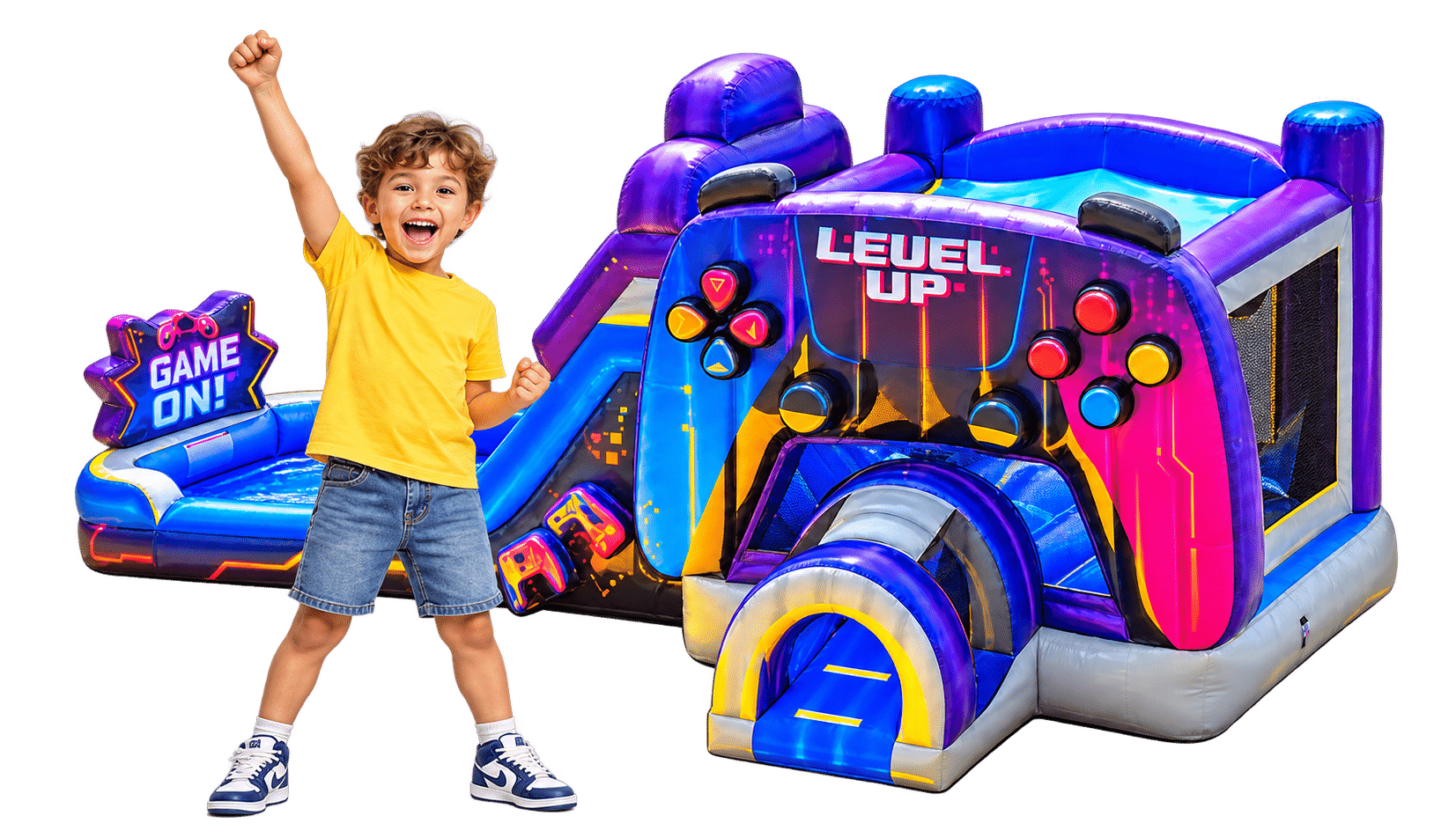 Happy child beside a colorful Gamer Combo inflatable bounce house with slide